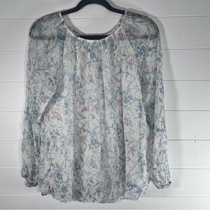 Floral Sheer Blouse - White with Pink and Blue Accents
